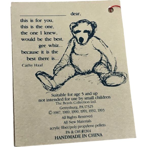 The Boyds Collection 1993 Bear Stuffed Animal *w/ Tags* - Picture 6 of 7